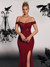 VIPGIRL Off-The-Shoulder Beaded Sheath Evening Dress With Cap Sleeves And High Slit For Women Formal & Evening Dresses Elegant Prom Wedding Guest Gown, For Graduation, Dinner